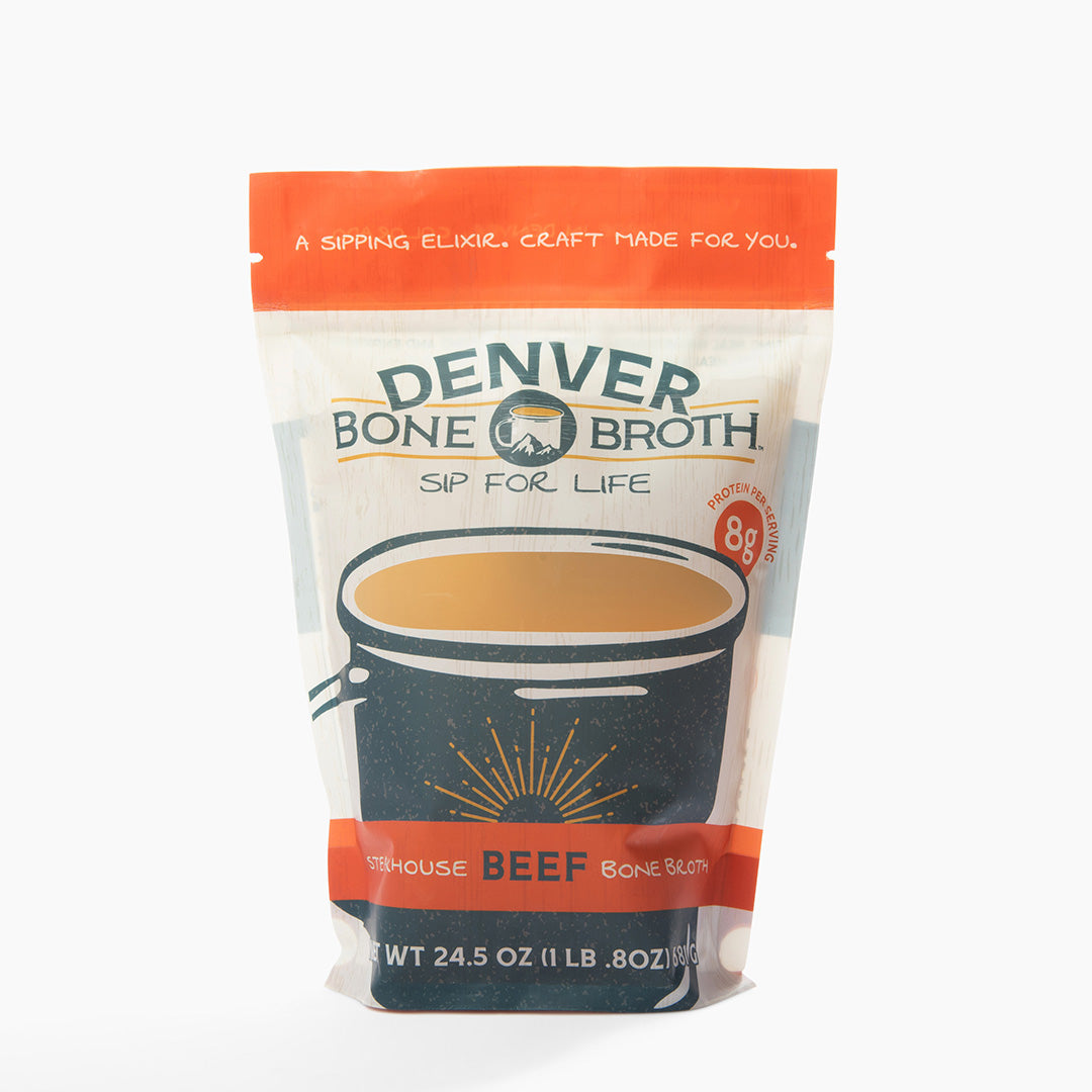 A front facing pouch of Denver Bone Broth's natural Steakhouse Beef Bone Broth flavor.