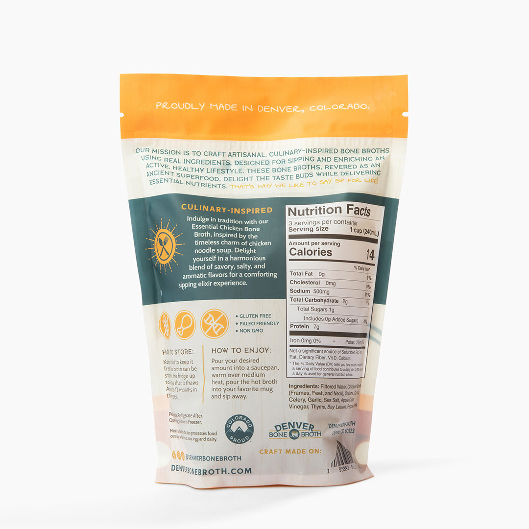 A picture of the backside of a pouch of Denver Bone Broth's healthy Essential Chicken bone broth flavor. This image displays the nutrition facts, ingredients, and more.