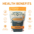 A pouch of Denver Bone Broth Essential Chicken Pasture Raised Bone Broth with listed health benefits: supports gut health, supports joints, strengthens immune system, 7g of protein, 14 calories per serving, and 0g of fat.