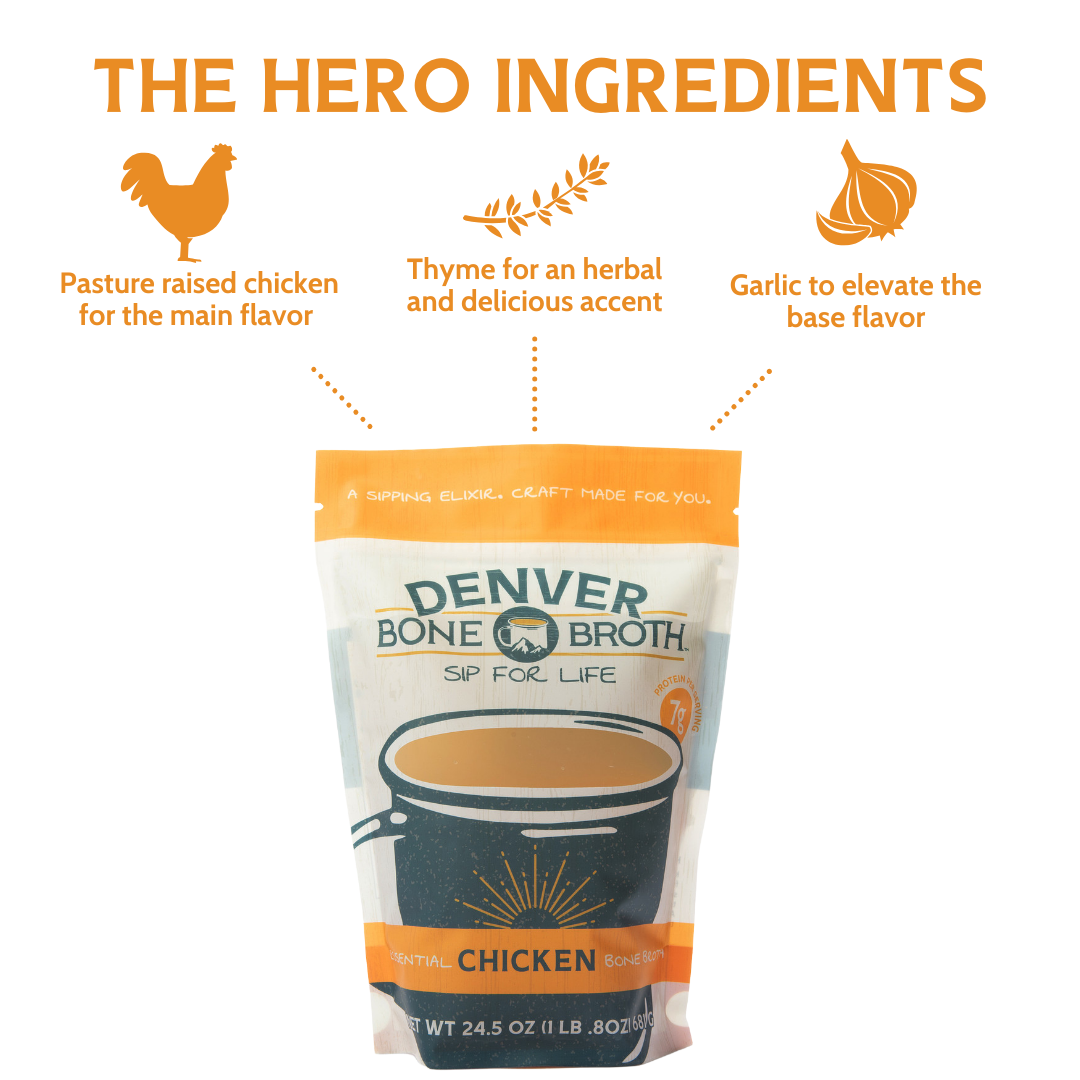 A pouch of Denver Bone Broth Essential Chicken Pasture Raised Bone Broth with listed hero ingredients: pasture raised chicken for the main flavor, thyme for an herbal and delicious accent, and garlic to elevate the base flavor.