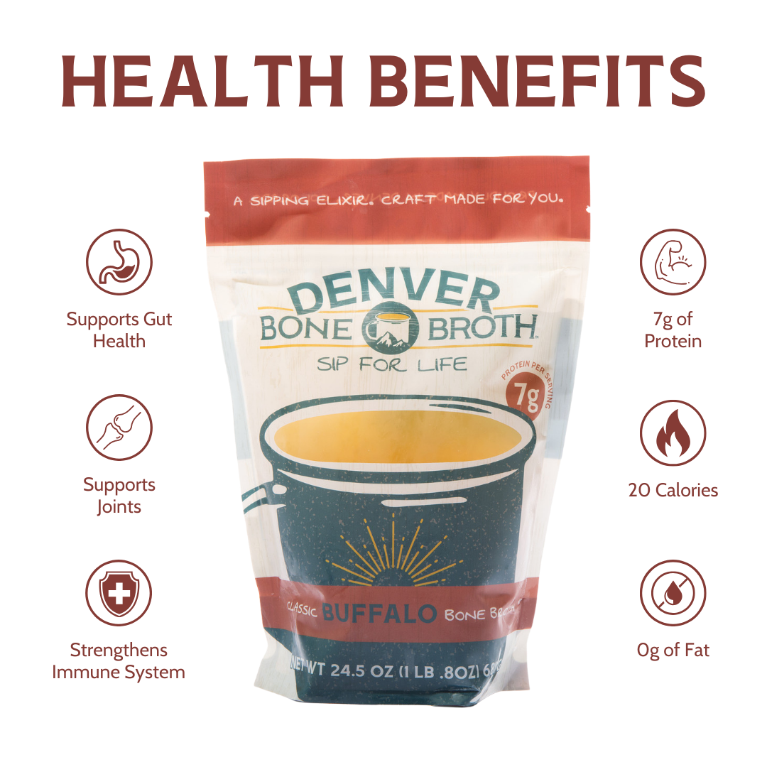 A pouch of Denver Bone Broth's Classic Buffalo Bone Broth with health benefits displayed around it. The benefits are listed: supports gut health, supports joints, strengthens immune system, 7g of protein, 20 calories, 0g of fat.