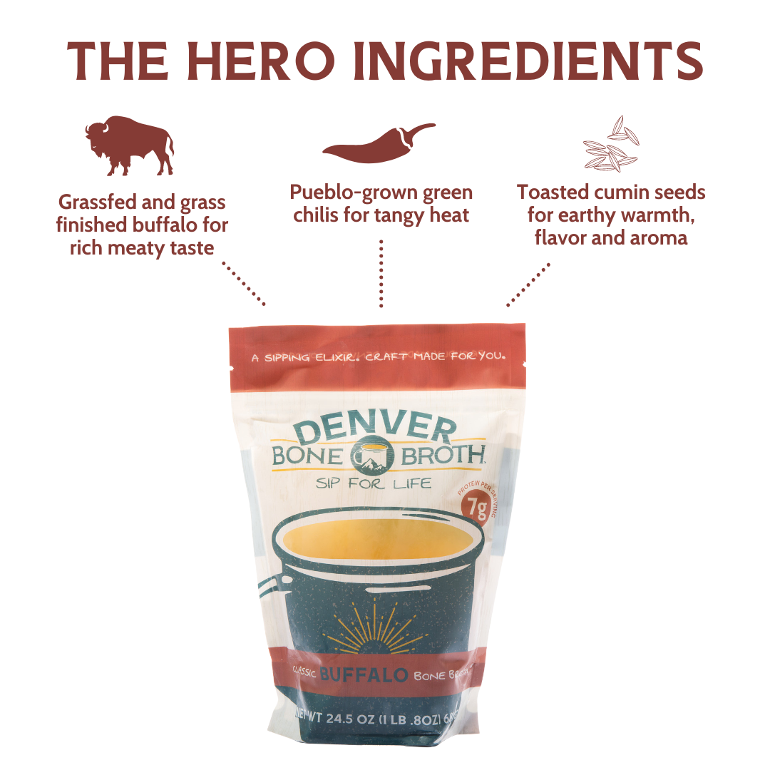 A pouch of Denver Bone Broth's Classic Buffalo Bone Broth with icons representing each hero ingredient: grass-fed and grass-finished buffalo, Pueblo-grown green chilis, and toasted cumin seeds