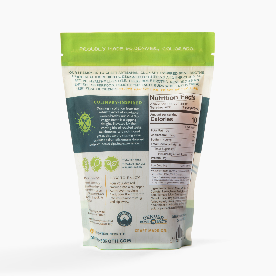 A picture of the backside of a pouch of Denver Bone Broth's healthy Vital Veggie bone broth flavor. The package displays the nutrition facts, ingredients, and more.